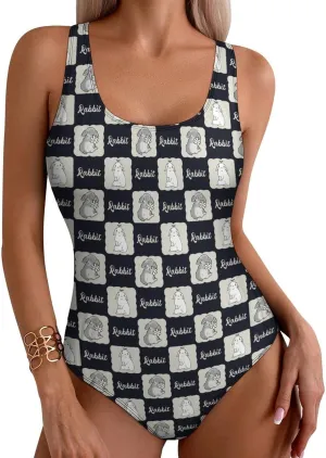 Cute Rabbit Checkered One Piece Swimsuit Womens Tummy Control Racerback Swimwear with Padded for Swimming Surfing