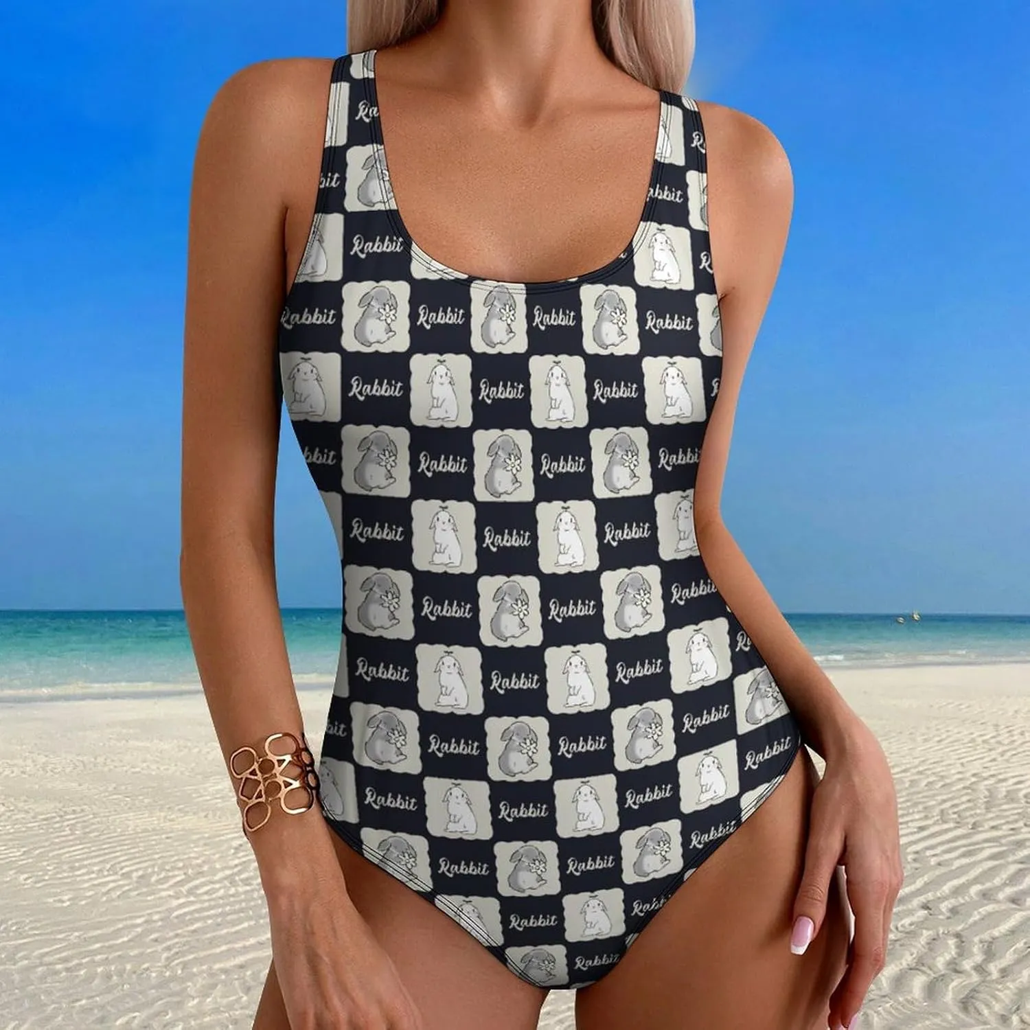 Cute Rabbit Checkered One Piece Swimsuit Womens Tummy Control Racerback Swimwear with Padded for Swimming Surfing