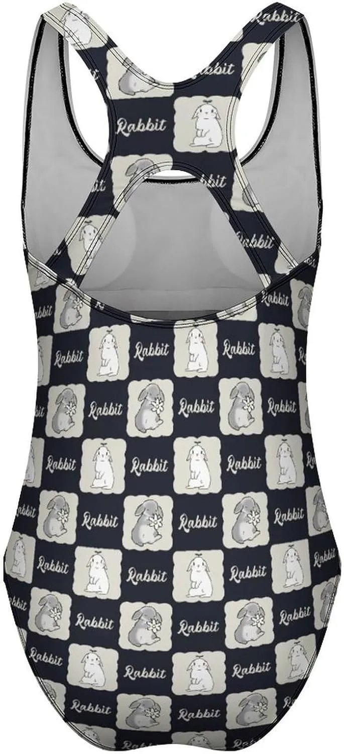 Cute Rabbit Checkered One Piece Swimsuit Womens Tummy Control Racerback Swimwear with Padded for Swimming Surfing