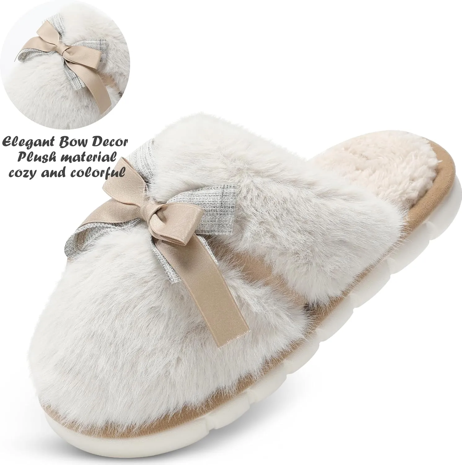 Cute Women's Memory Foam House Slippers - Fuzzy Plush Faux Fur Slippers with Bow Butterfly Tie - Anti-Skid Indoor/Outdoor Gifts for Women, Moms & Ladies