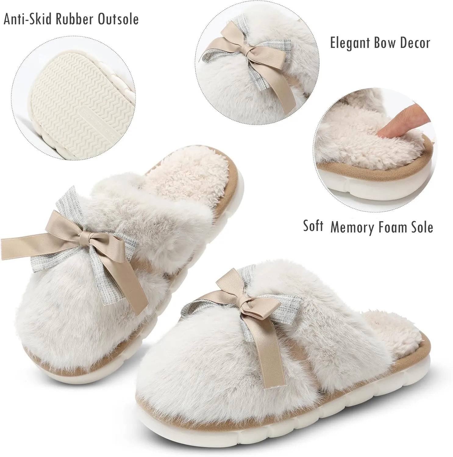 Cute Women's Memory Foam House Slippers - Fuzzy Plush Faux Fur Slippers with Bow Butterfly Tie - Anti-Skid Indoor/Outdoor Gifts for Women, Moms & Ladies