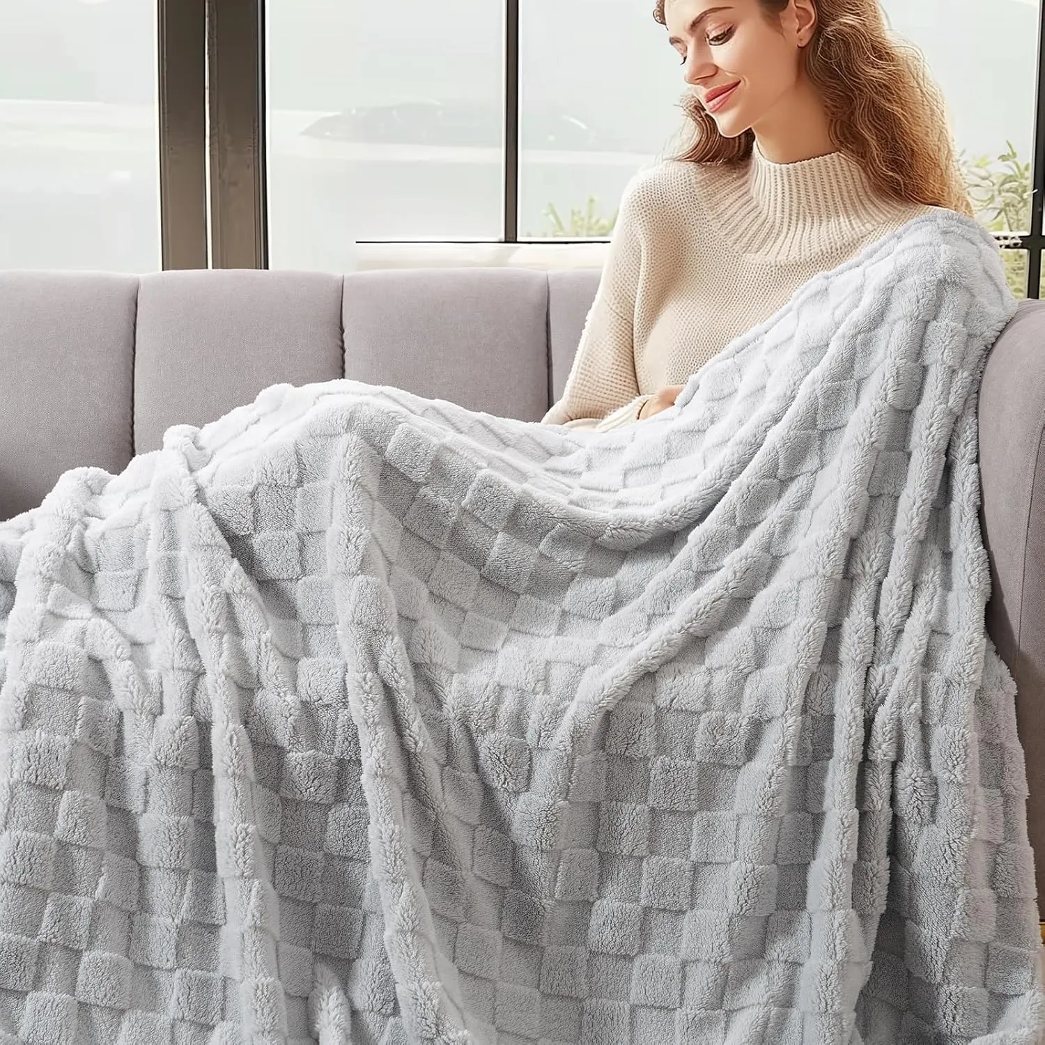 David's Home Ultra Soft Fleece Blanket Twin Size - Checkered Jacquard Flannel, No Shedding & No Pilling, Cozy Lightweight All Season Decor for Couch/Bed, Light Grey, 66x90 Inches