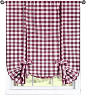 Designer Home Window Panel Curtain Checkered Kitchen Drape Tie-Up Shade Plaid Gingham Check Burgundy 42" x 63"