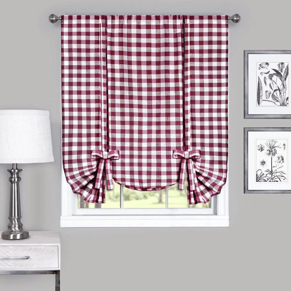 Designer Home Window Panel Curtain Checkered Kitchen Drape Tie-Up Shade Plaid Gingham Check Burgundy 42" x 63"