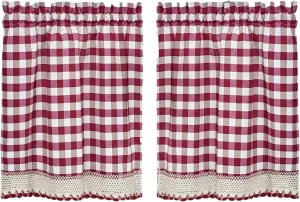 Designer Home Window Panel Curtain Tier Pair Kitchen Drape Plaid Gingham Checked Burgundy Checkered Panel