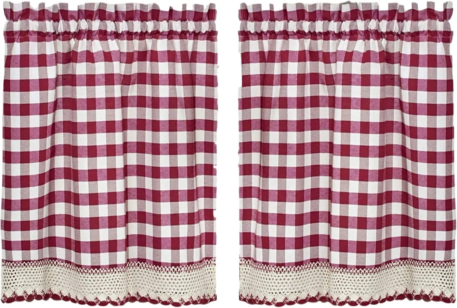 Designer Home Window Panel Curtain Tier Pair Kitchen Drape Plaid Gingham Checked Burgundy Checkered Panel