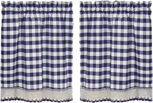 Designer Home Window Panel Curtain Tier Pair Kitchen Drape Plaid Gingham Checked Navy Checkered Panel