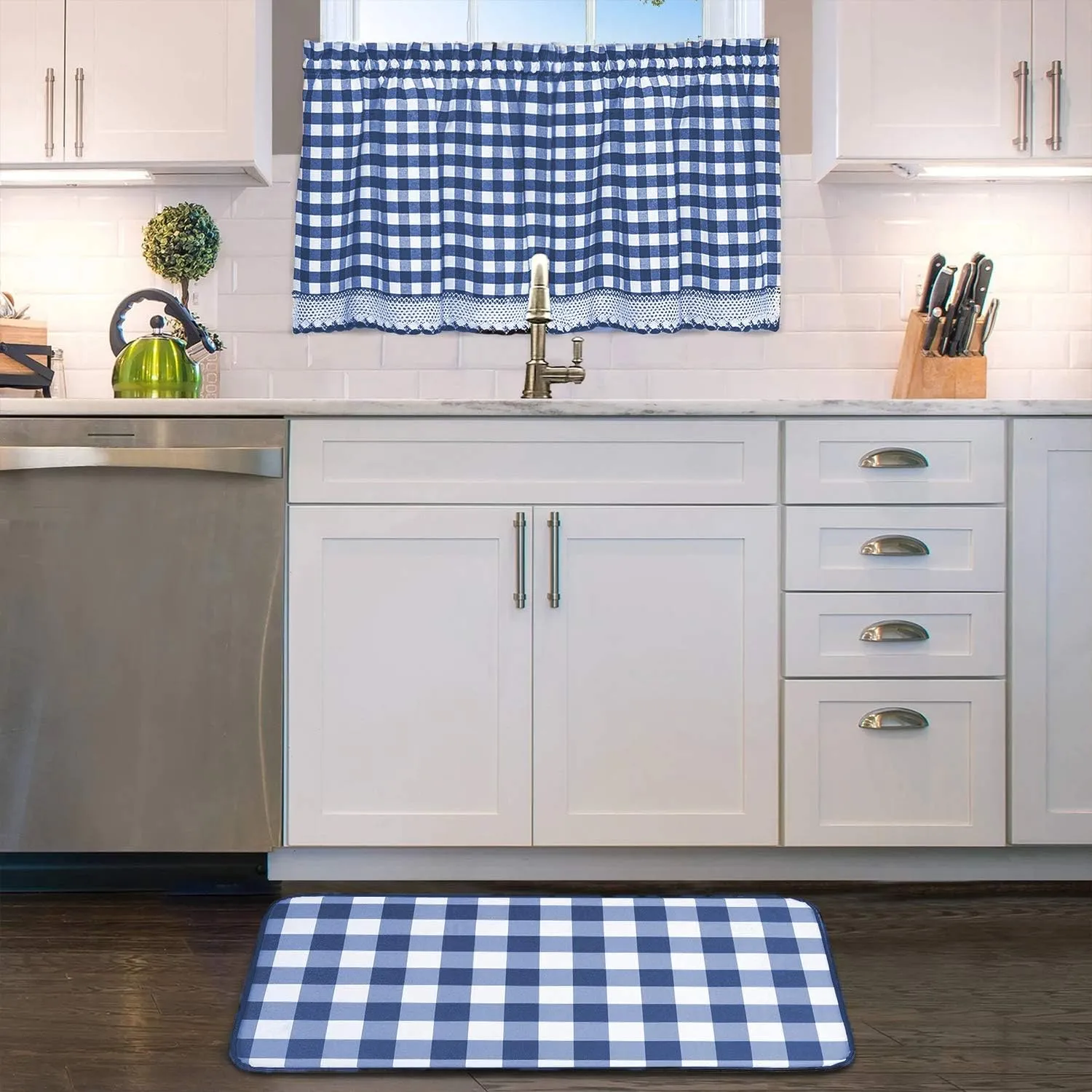 Designer Home Window Panel Curtain Tier Pair Kitchen Drape Plaid Gingham Checked Navy Checkered Panel