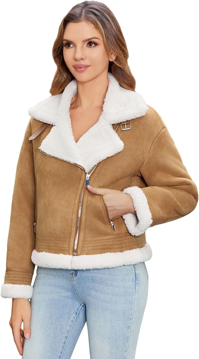 DIASHINY Women's Faux Shearing Fur Winter Coat Warm Thick Fur Lined Faux Leather Jacket