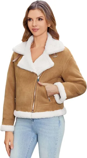 DIASHINY Women's Faux Shearing Fur Winter Coat Warm Thick Fur Lined Faux Leather Jacket