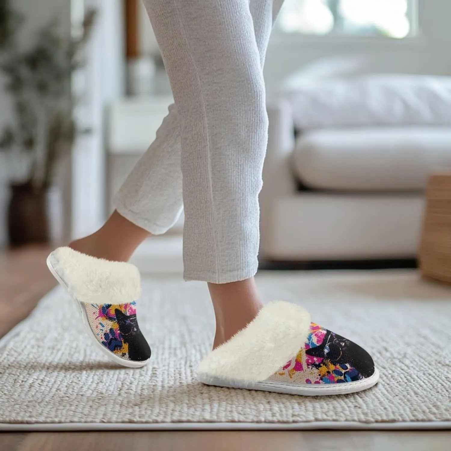 Dog Print Women Cotton Slippers Mens Slippers Fuzzy House Slippers for Women Memory Foam Plush Slippers Fully Flannel Lined Non Slip Shoes for Winter