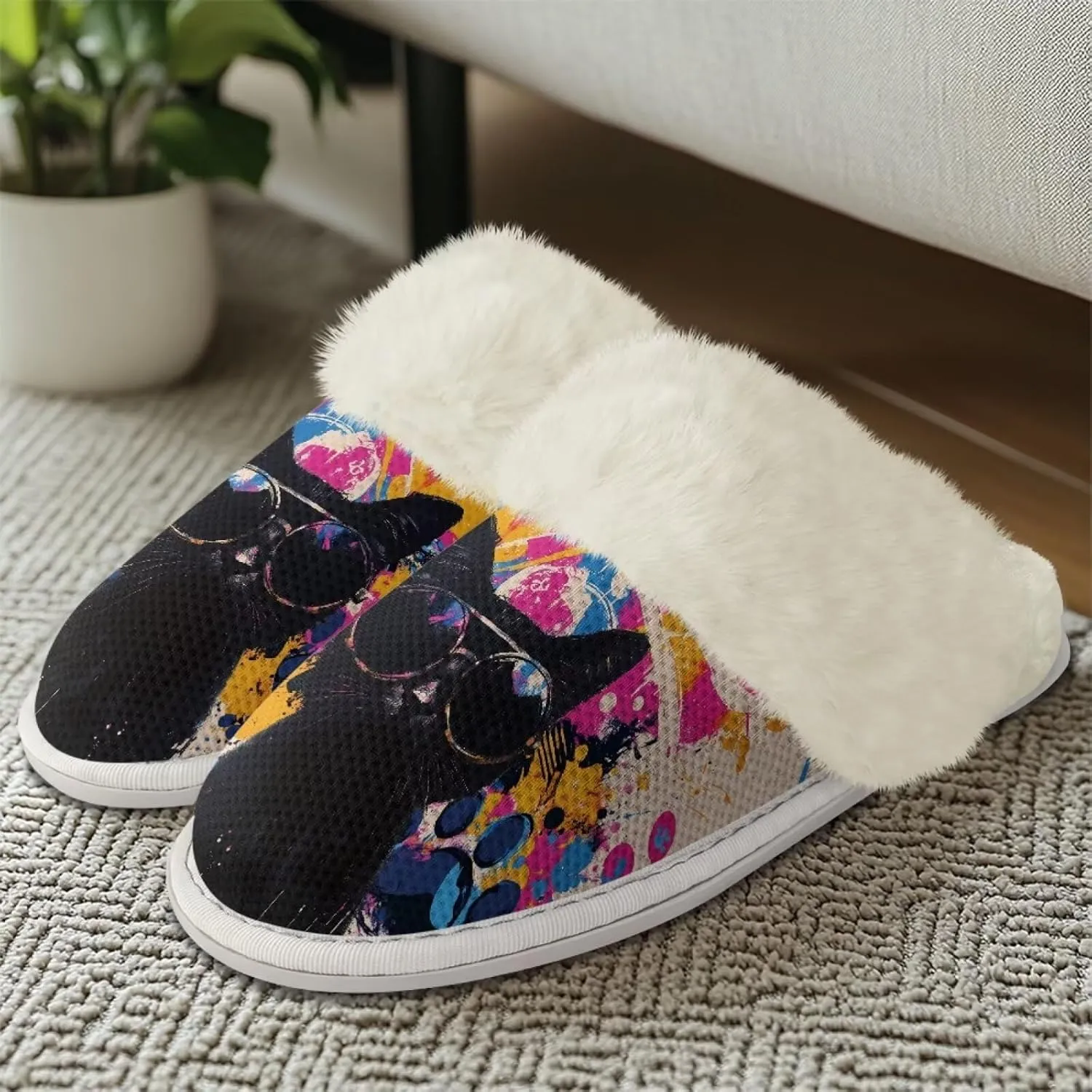 Dog Print Women Cotton Slippers Mens Slippers Fuzzy House Slippers for Women Memory Foam Plush Slippers Fully Flannel Lined Non Slip Shoes for Winter
