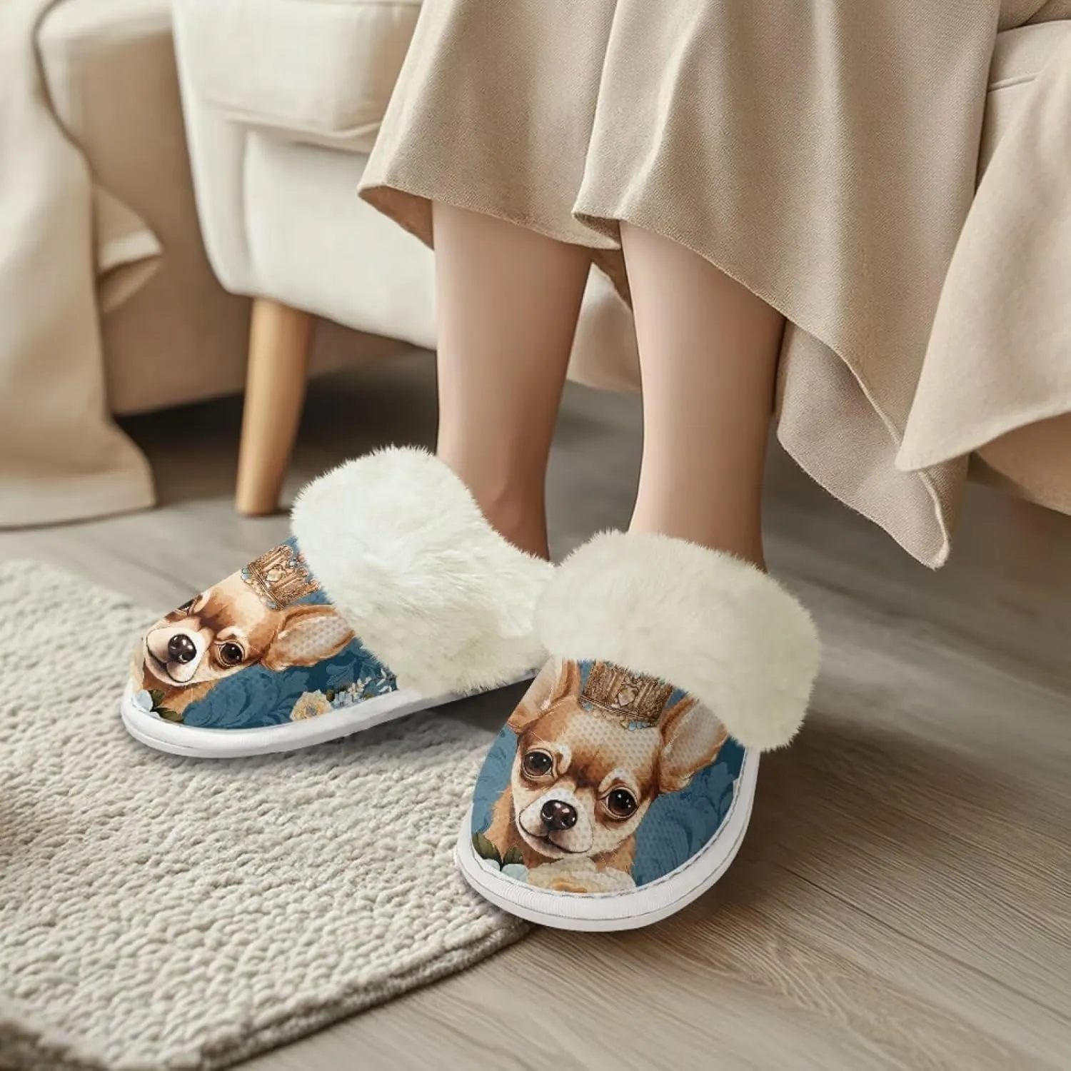 Dog Print Women Cotton Slippers Mens Slippers Fuzzy House Slippers for Women Memory Foam Plush Slippers Fully Flannel Lined Non Slip Shoes for Winter