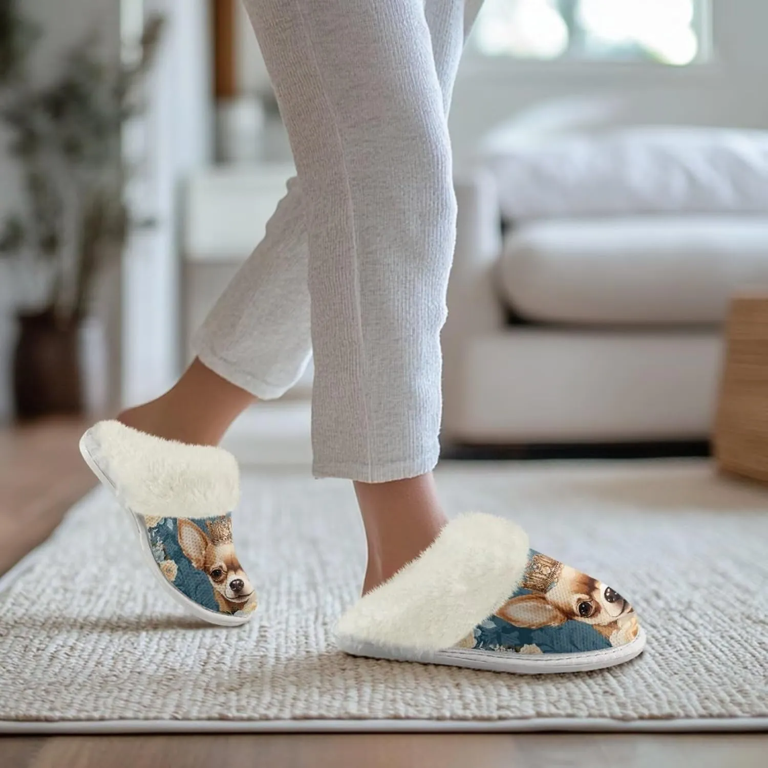 Dog Print Women Cotton Slippers Mens Slippers Fuzzy House Slippers for Women Memory Foam Plush Slippers Fully Flannel Lined Non Slip Shoes for Winter