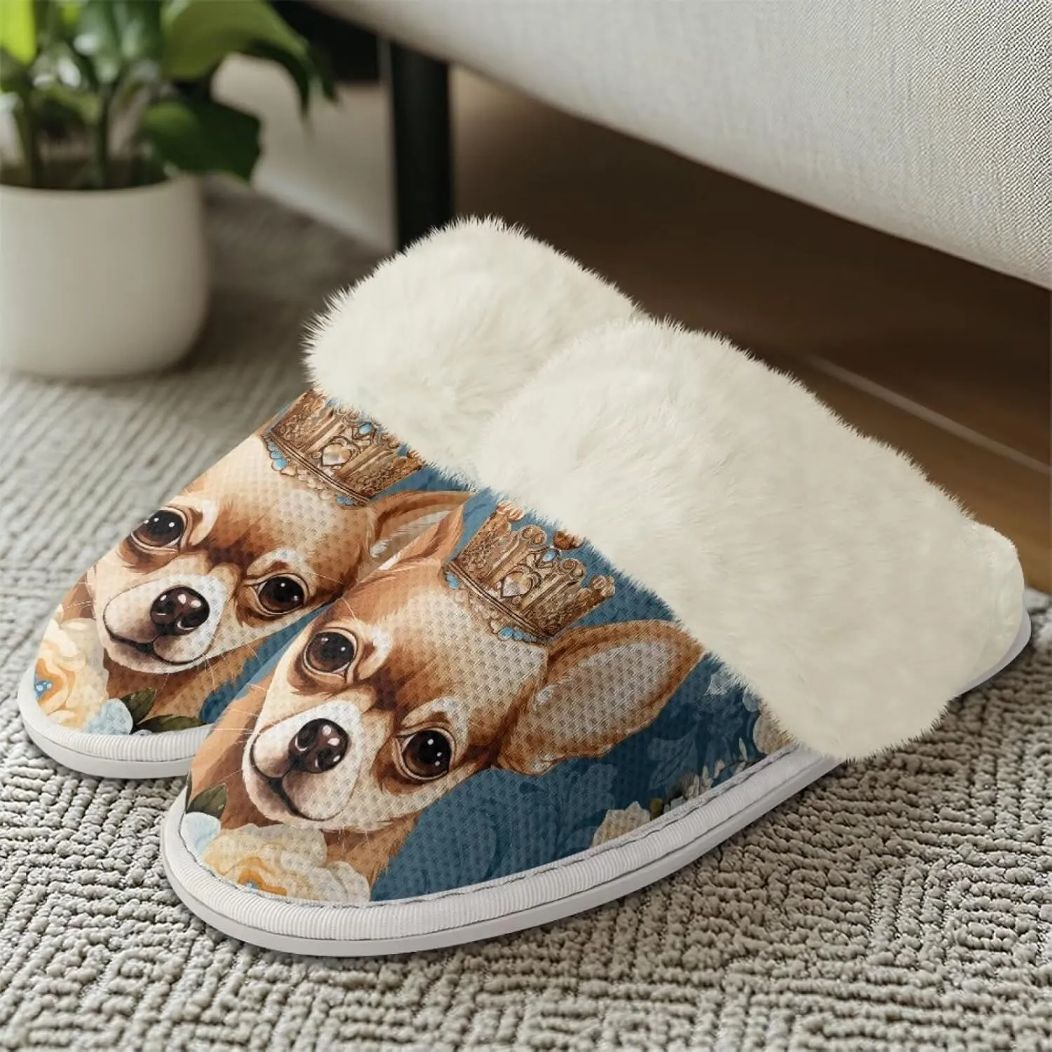 Dog Print Women Cotton Slippers Mens Slippers Fuzzy House Slippers for Women Memory Foam Plush Slippers Fully Flannel Lined Non Slip Shoes for Winter