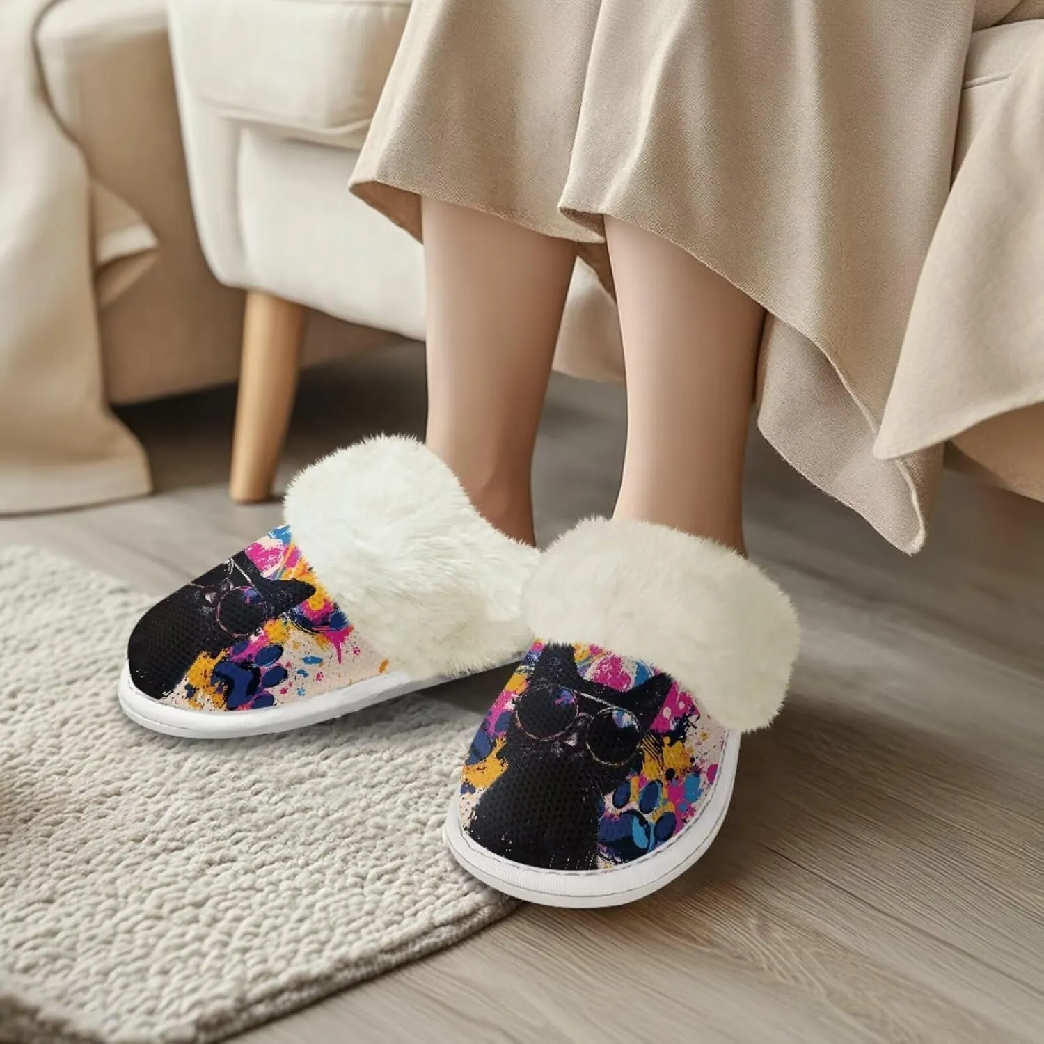 Dog Print Women Cotton Slippers Mens Slippers Fuzzy House Slippers for Women Memory Foam Plush Slippers Fully Flannel Lined Non Slip Shoes for Winter