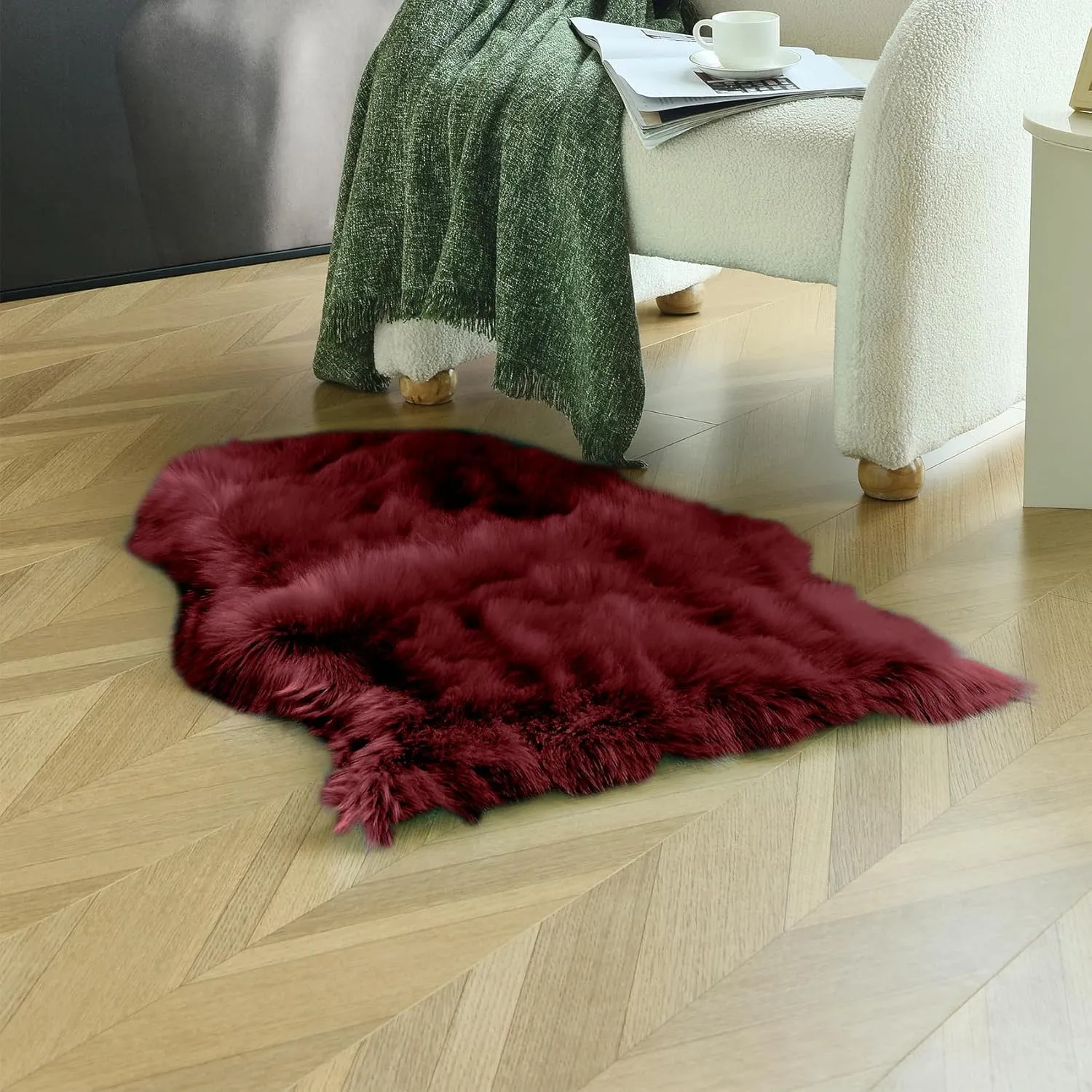 duduta Burgundy Faux Sheepskin Throw Rug 2x3 ft, Fluffy Shag Fur Seat Chair Covers Washable