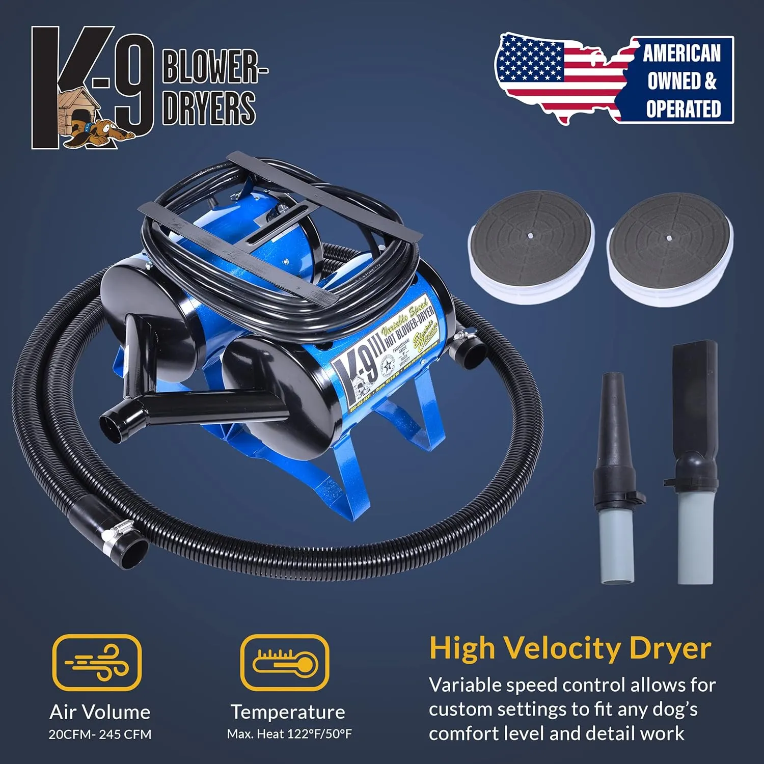 ECC K-9 III Variable Speed Dog Dryer - High Velocity Blow Dryer for Pets, Metallic Blue