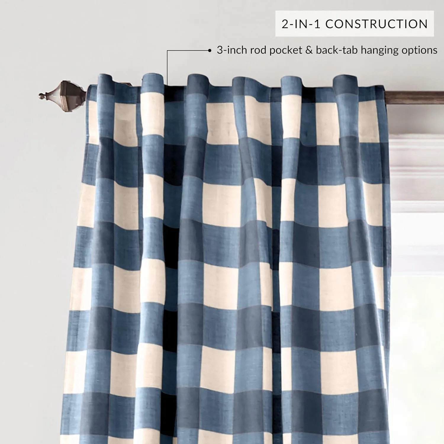 Elrene Home Fashions Farmhouse Living Grainger Buffalo-Check Blackout Window Curtain, Living Room and Bedroom Drape with Rod Pocket Tabs, 52" x 95", Indigo, 1 Panel