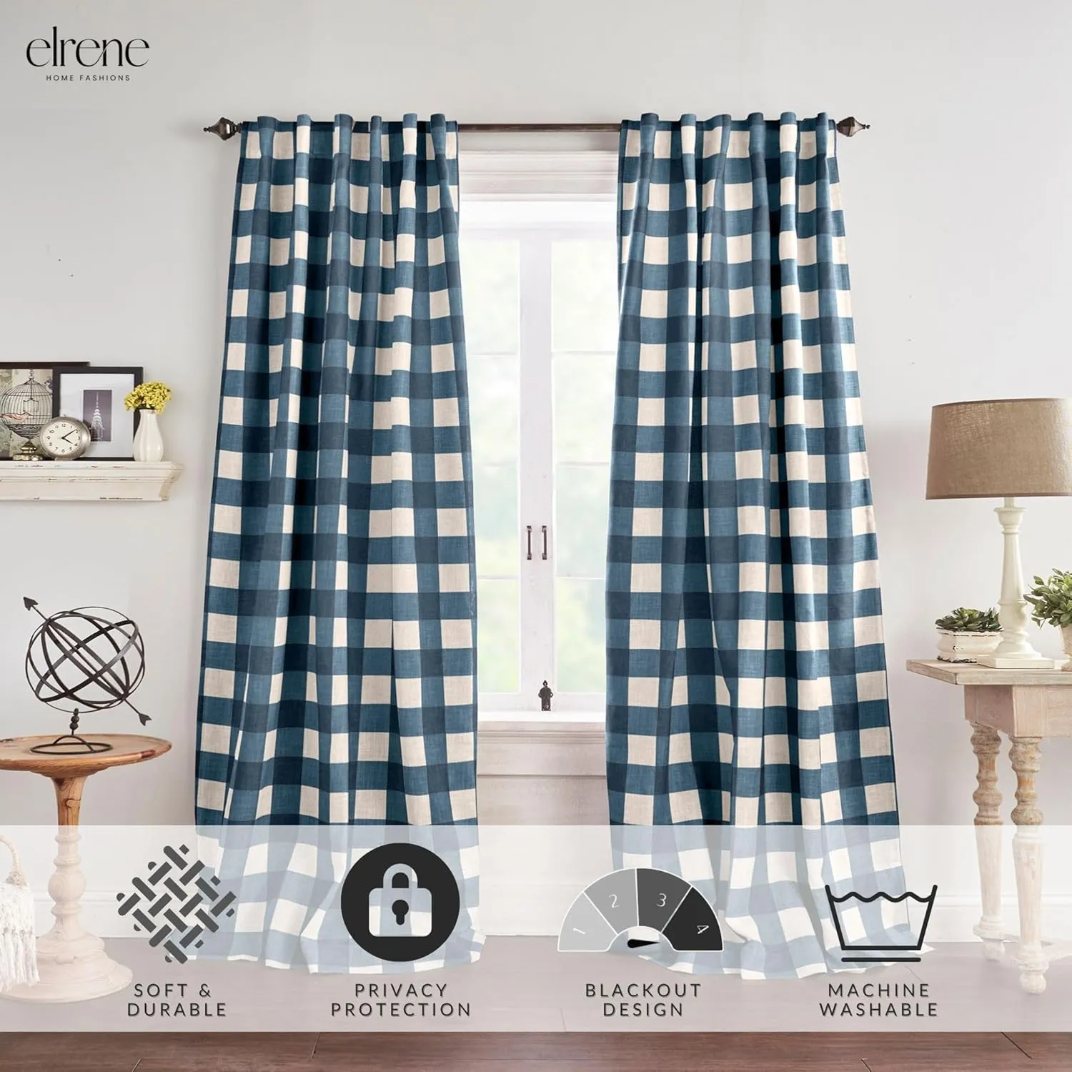 Elrene Home Fashions Farmhouse Living Grainger Buffalo-Check Blackout Window Curtain, Living Room and Bedroom Drape with Rod Pocket Tabs, 52" x 95", Indigo, 1 Panel
