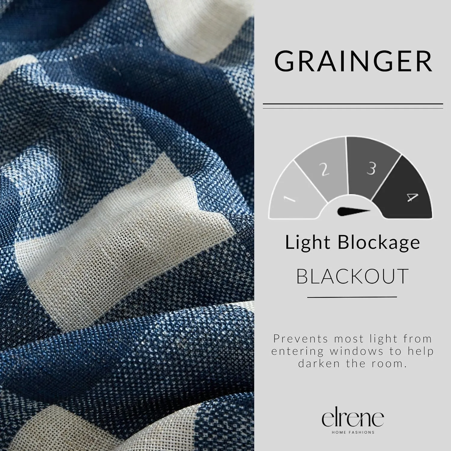 Elrene Home Fashions Farmhouse Living Grainger Buffalo-Check Blackout Window Curtain, Living Room and Bedroom Drape with Rod Pocket Tabs, 52" x 95", Indigo, 1 Panel