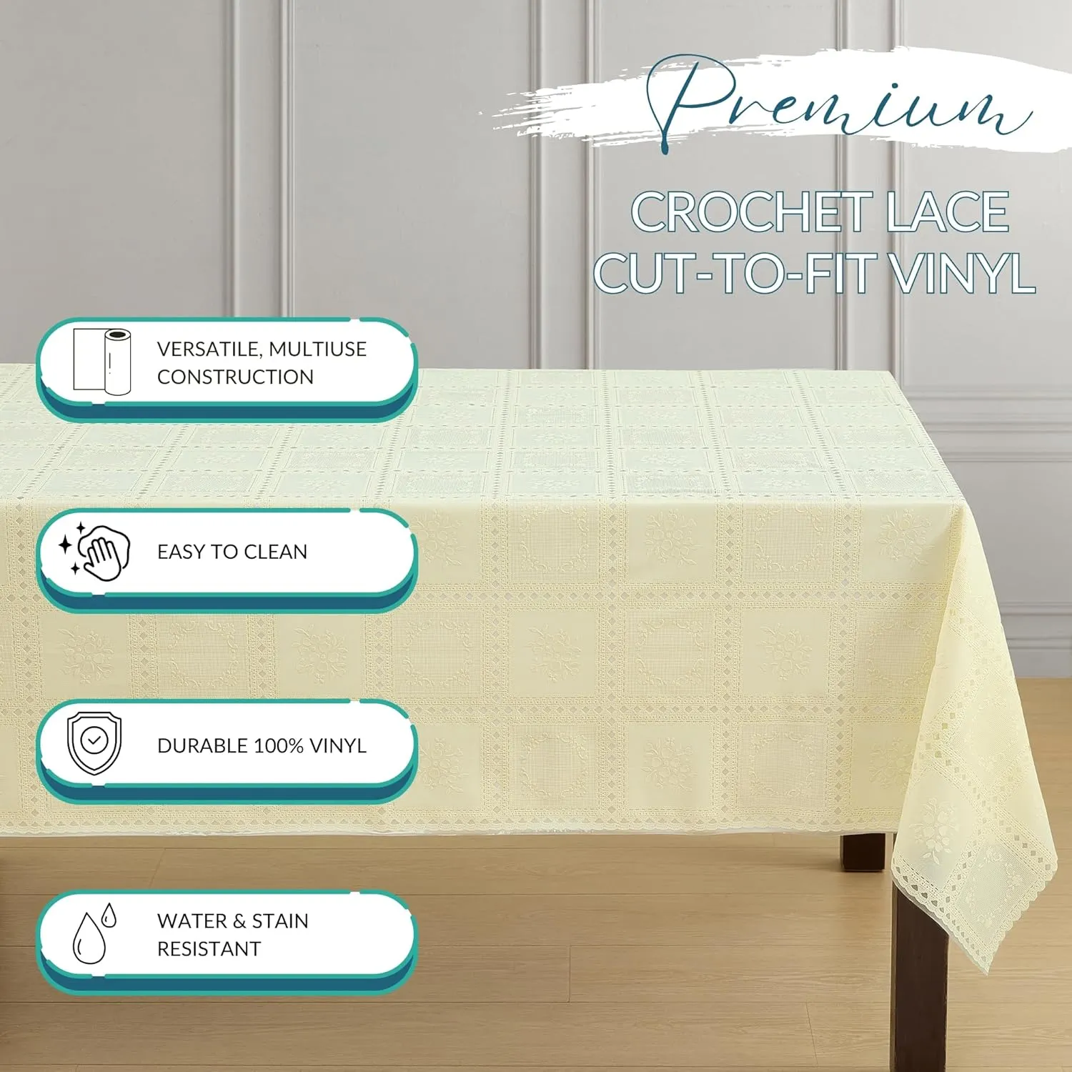 Elrene Home Fashions Lace Inspired Square Vinyl Fabric - 3 Yard Cut, Protective Table Cover for Dining & Kitchen Tables, Decoration or DIY Crafting, Ecru, 54"x108"
