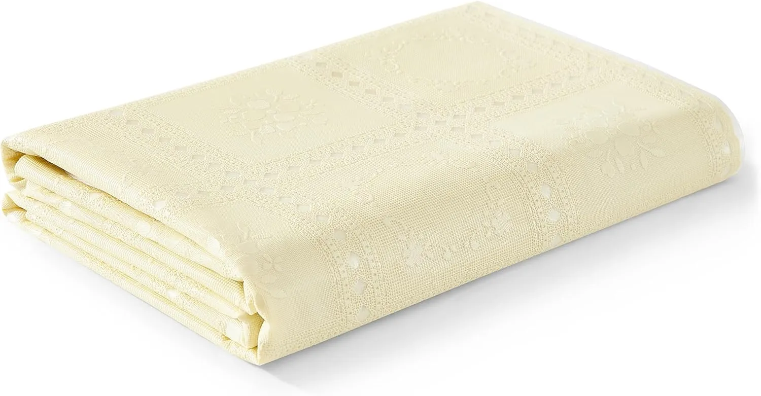 Elrene Home Fashions Lace Inspired Square Vinyl Fabric - 3 Yard Cut, Protective Table Cover for Dining & Kitchen Tables, Decoration or DIY Crafting, Ecru, 54"x108"