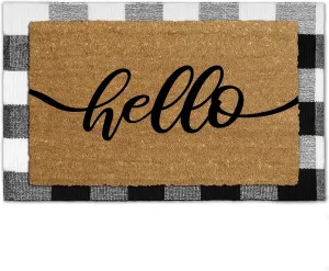 Emerson 100% Coir Doormats, 2-Pack Front Door Mats for Outdoor Entrance – 30” x 18” Welcome Mat for Home, 2-in-1 Entryway Patio, Layered Buffalo Plaid Rug, Indoor Porch Mat – Hello