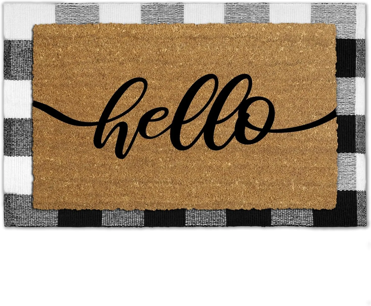 Emerson 100% Coir Doormats, 2-Pack Front Door Mats for Outdoor Entrance – 30” x 18” Welcome Mat for Home, 2-in-1 Entryway Patio, Layered Buffalo Plaid Rug, Indoor Porch Mat – Hello