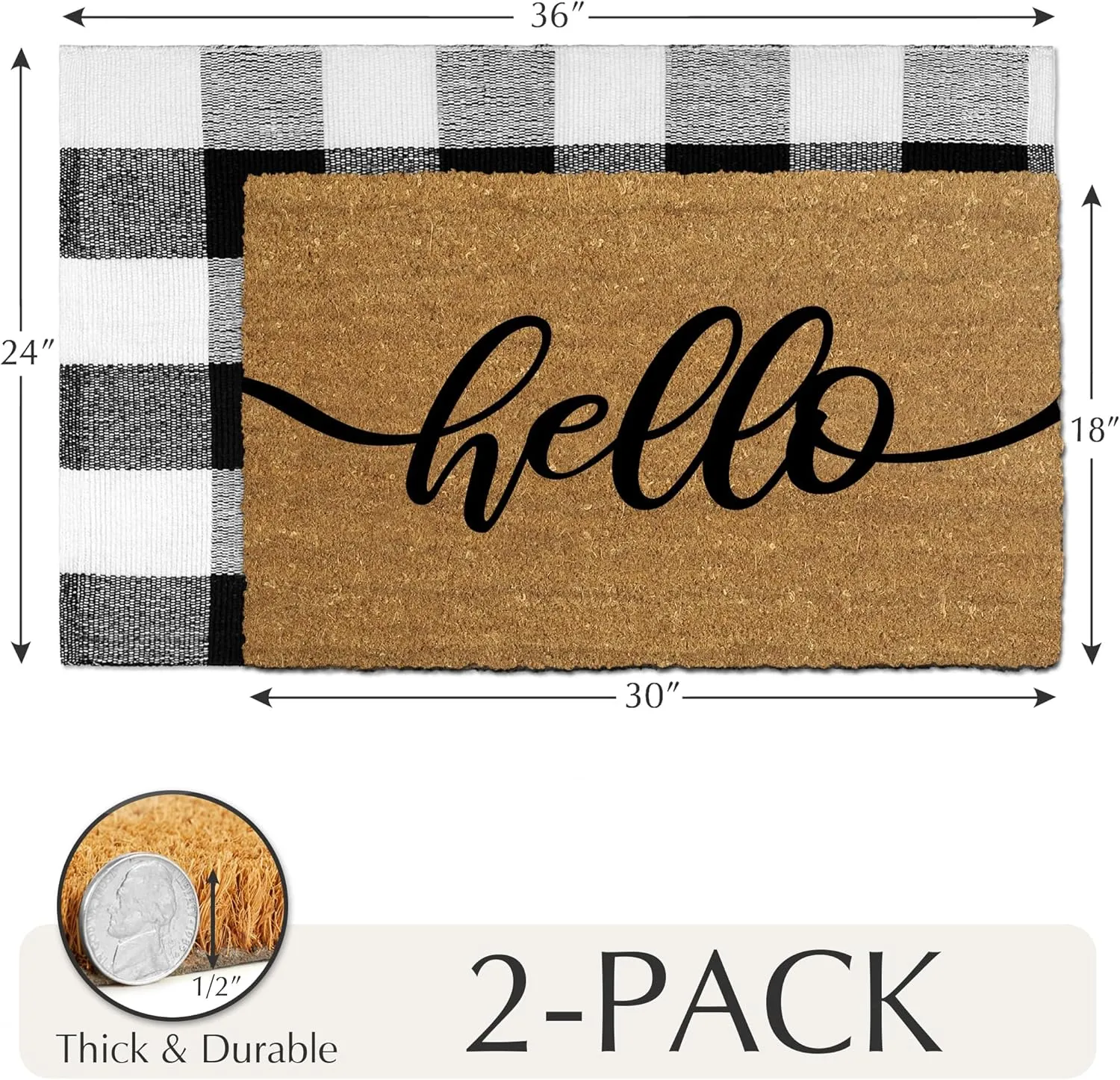 Emerson 100% Coir Doormats, 2-Pack Front Door Mats for Outdoor Entrance – 30” x 18” Welcome Mat for Home, 2-in-1 Entryway Patio, Layered Buffalo Plaid Rug, Indoor Porch Mat – Hello