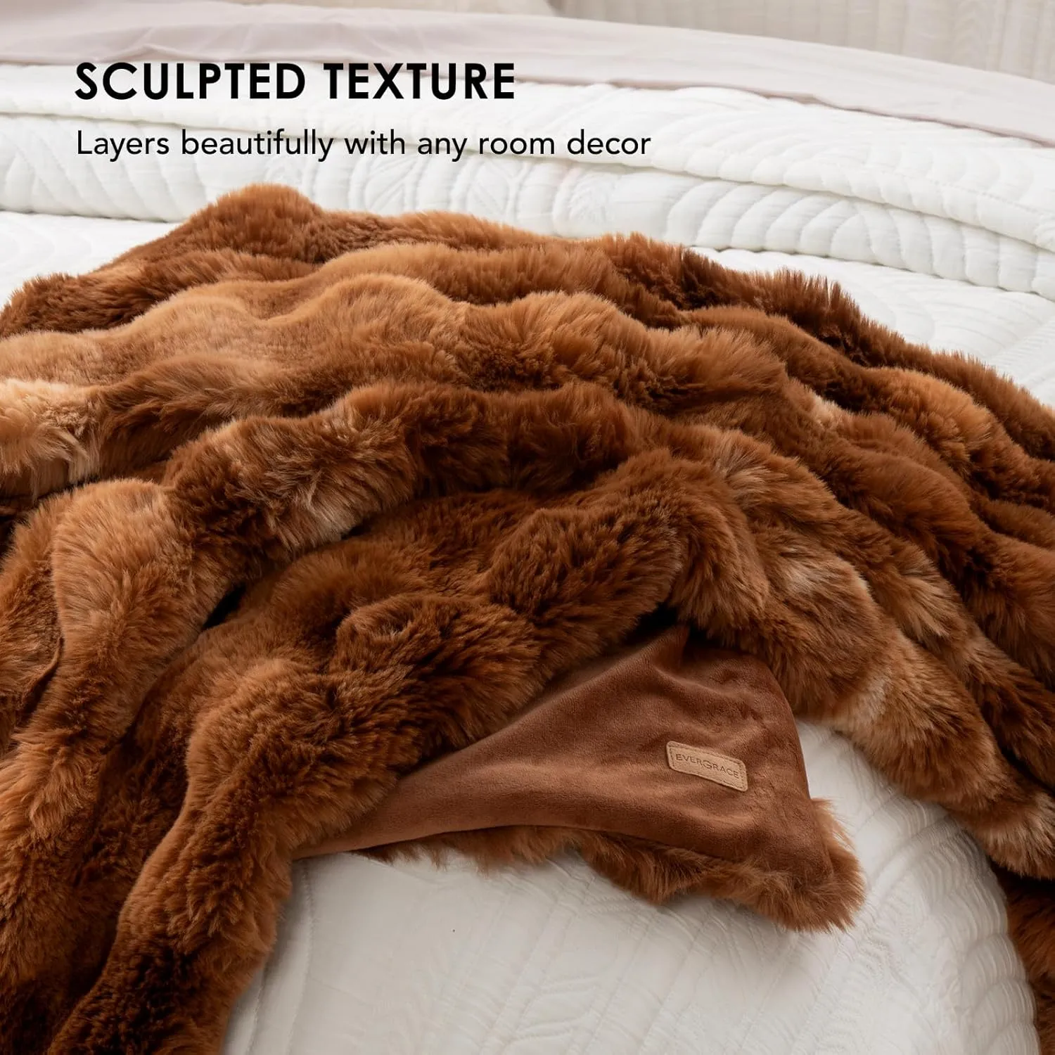 EVERGRACE Ultra Soft Luxury Fluffy Ridgeline Faux Rabbit Fur Throw Blanket, Thick Warm Bubble Throw for Bed, Cozy Plush Reversible Blankets for Couch, Chair, Sofa, Lion Caramel, 60x80 Inches, 870 GSM
