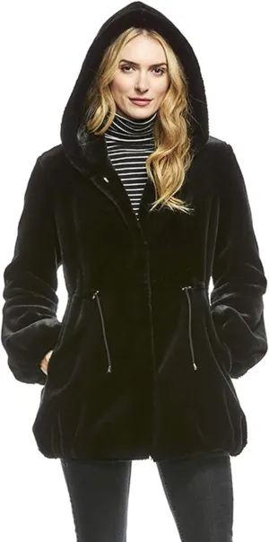 Fabulous-Furs Donna Salyers Black Sheared Beaver Hooded Faux Fur Anorak Coat, Black, X-Large