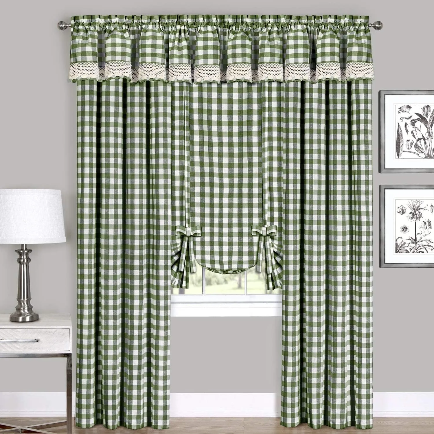 Farmhouse Curtains Kitchen Décor, Buffalo Plaid Valance, Classic Country Plaid Gingham Checkered Design, Farmhouse Décor, Window Curtain Treatments (Sage, Tie-Up Shade)