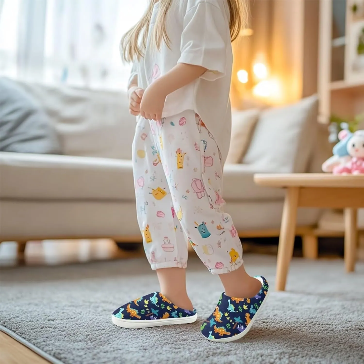 Fashion Warm House Slippers Soft Rubber Sole Anti-Skid Shoes Boys Girls Light Elastic Travel Slippers for Party Size 9-15 White Sole