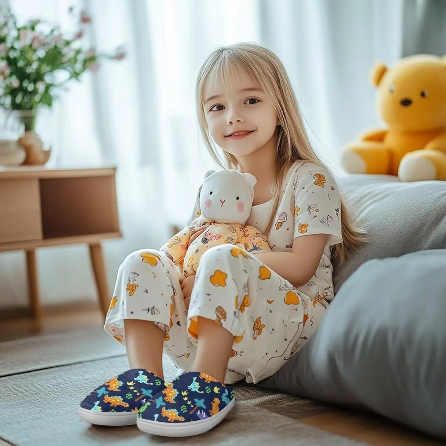Fashion Warm House Slippers Soft Rubber Sole Anti-Skid Shoes Boys Girls Light Elastic Travel Slippers for Party Size 9-15 White Sole