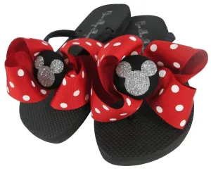 Flip Flops with Red polka Dot & Silver Glitter Mickey Face - Customized - You Choose the Bow and other colors