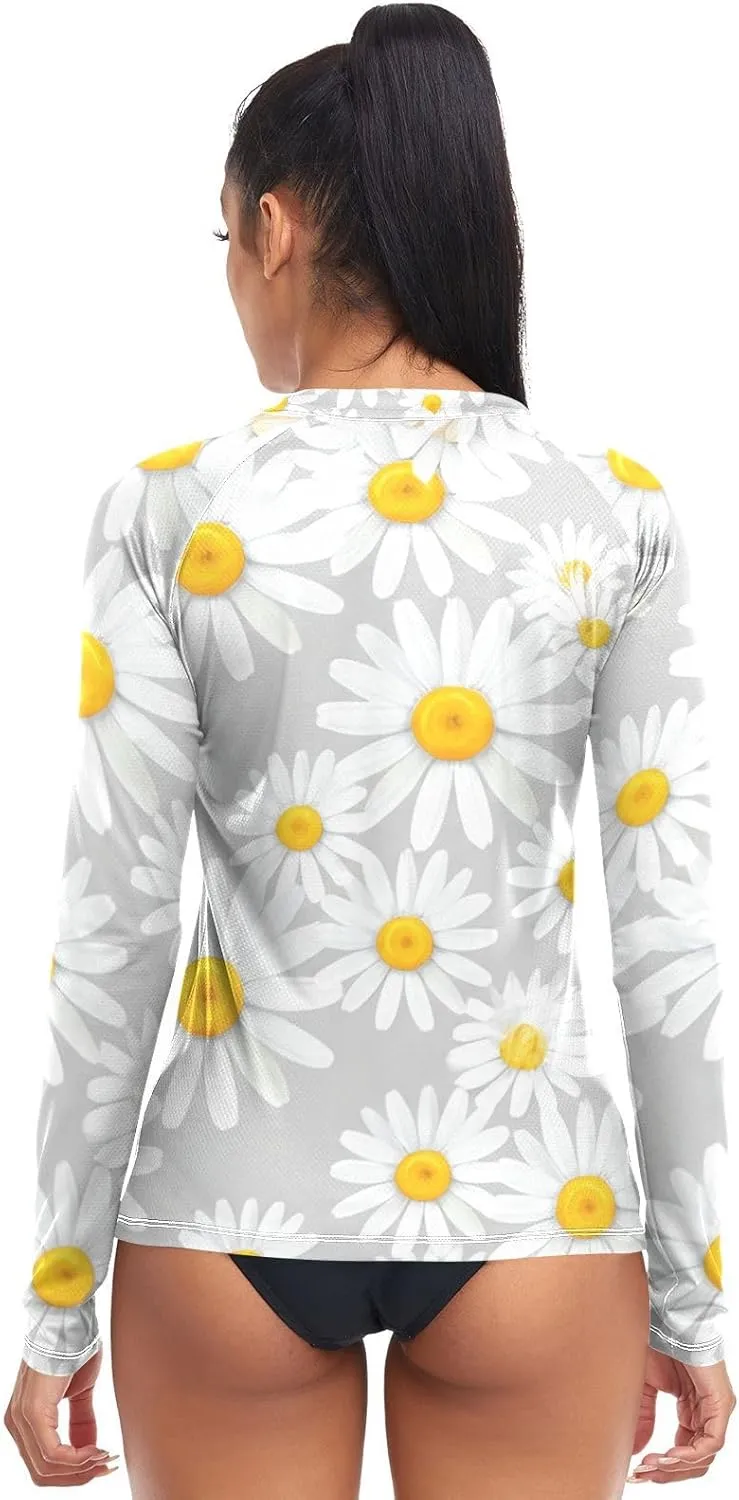 Flower Field LightGray Women's UPF 50  Rash Guard with Long Sleeve Sun Protection Lightweight Swim Shirt X-Small