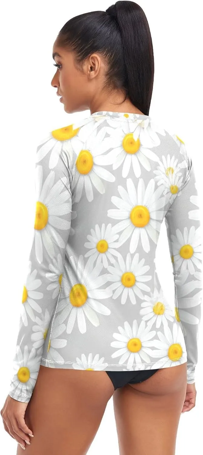 Flower Field LightGray Women's UPF 50  Rash Guard with Long Sleeve Sun Protection Lightweight Swim Shirt X-Small