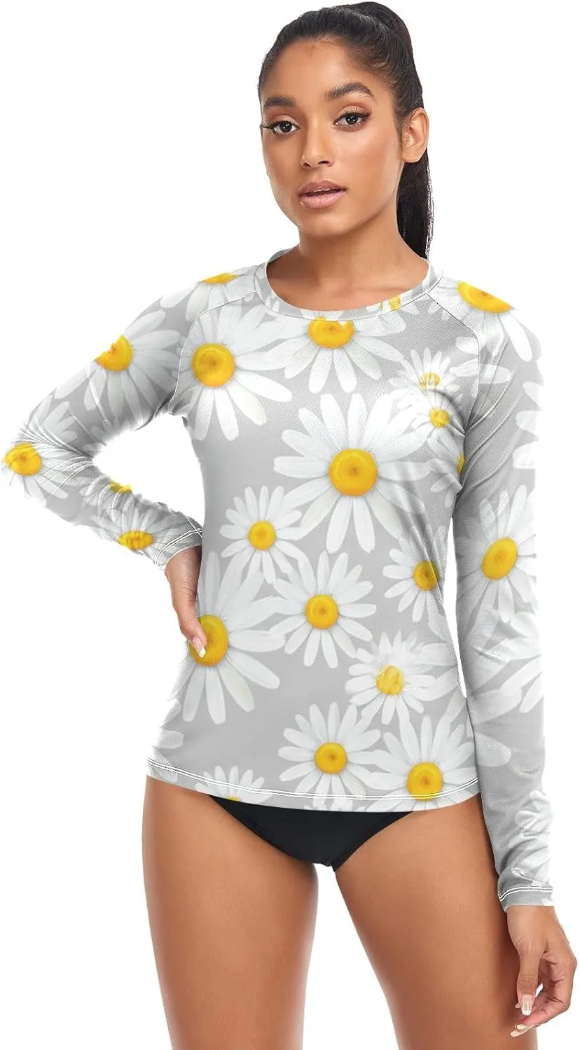 Flower Field LightGray Women's UPF 50  Rash Guard with Long Sleeve Sun Protection Lightweight Swim Shirt X-Small