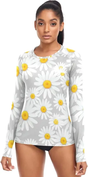 Flower Field LightGray Women's UPF 50  Rash Guard with Long Sleeve Sun Protection Lightweight Swim Shirt X-Small
