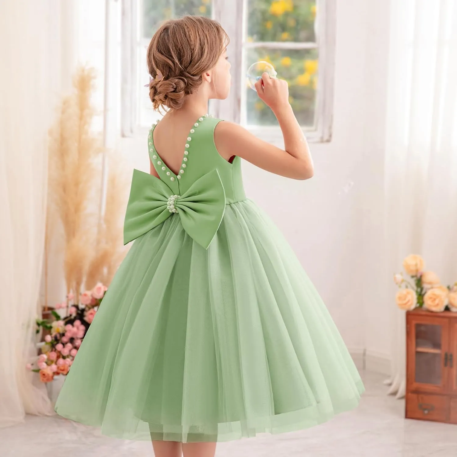 Flower Girl Dress Kids Satin Tulle Wedding Guest Party Birthday Bridesmaid Communion Pageant Prom Ball Gown Maxi