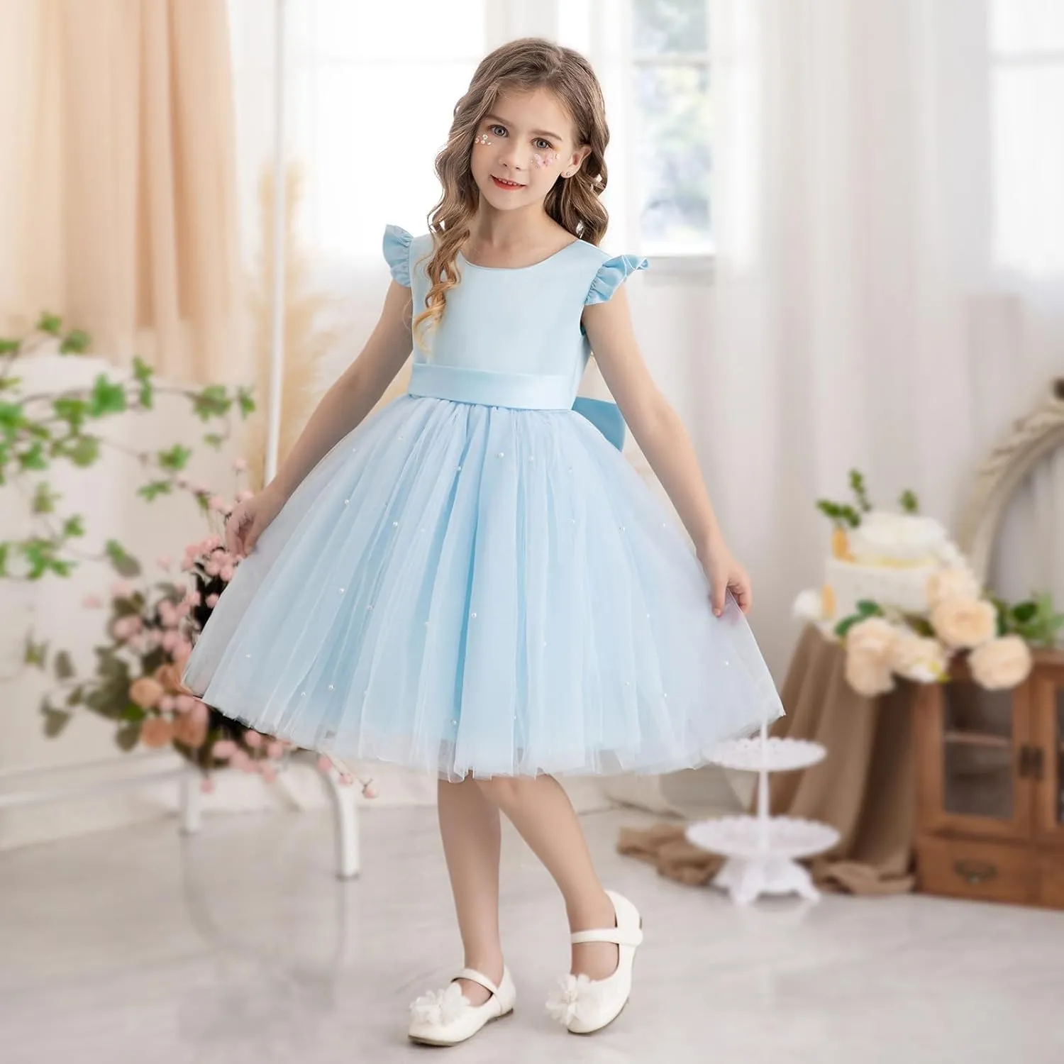 Flower Girl Dress Wedding Guest Ruffle Tulle Satin Party Birthday Princess Pageant Gown Kids Knee Length