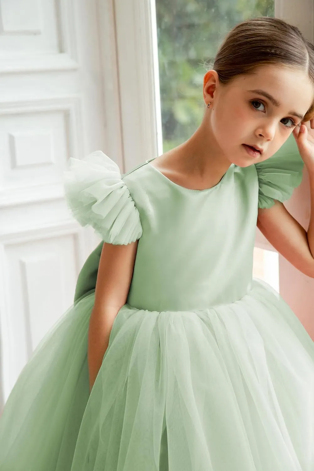 Fly Ruffle Sleeve Heart Back Dress Fancy Vintage Tulle Formal Pageant Party Dresses