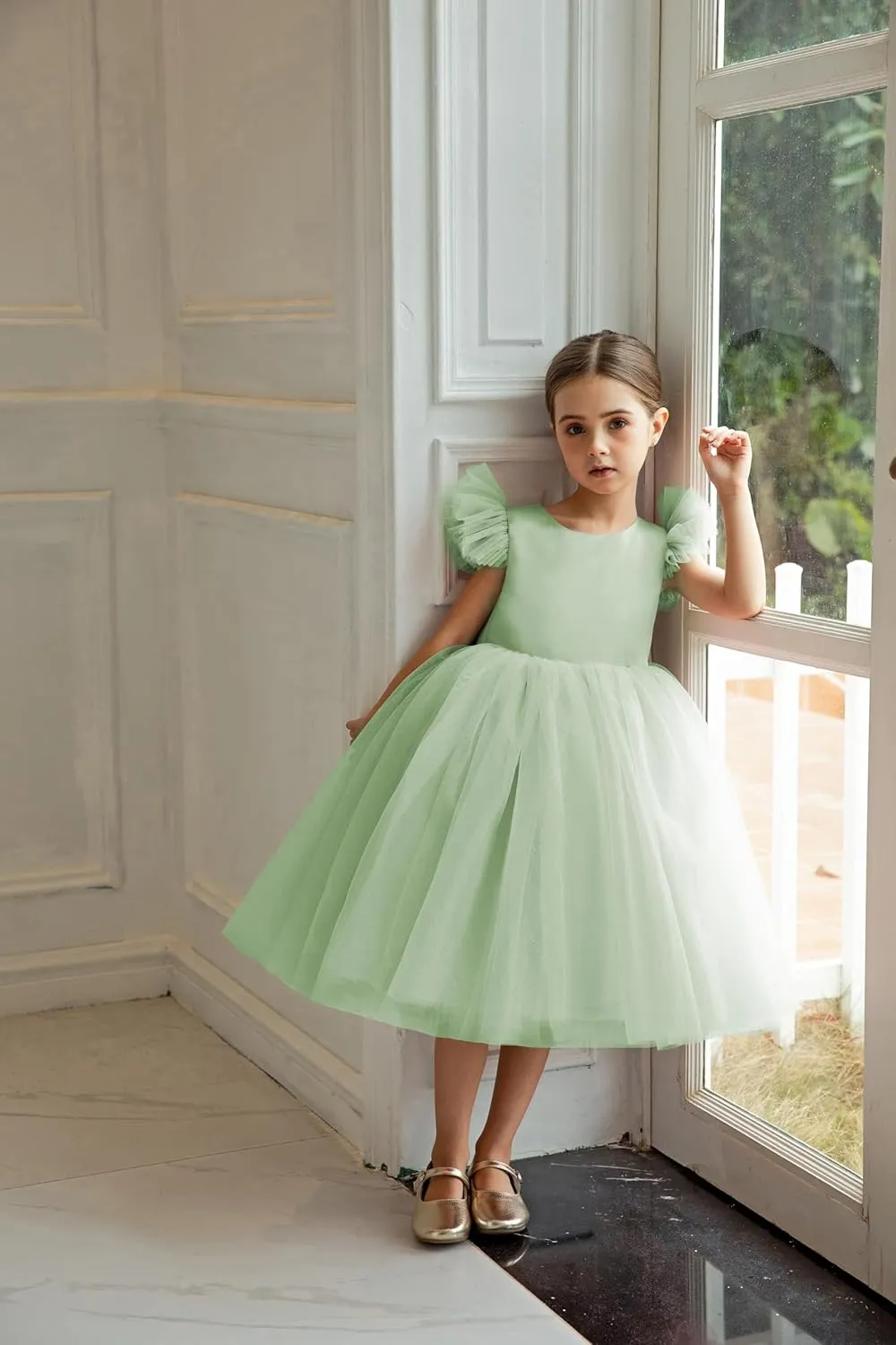 Fly Ruffle Sleeve Heart Back Dress Fancy Vintage Tulle Formal Pageant Party Dresses