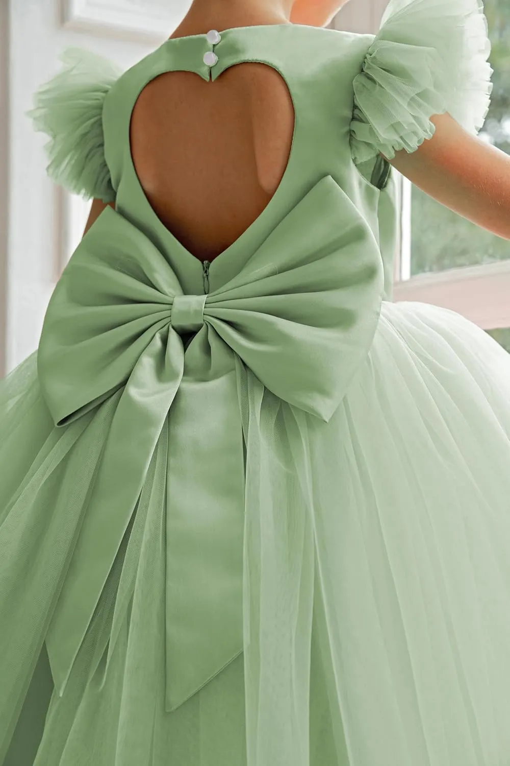 Fly Ruffle Sleeve Heart Back Dress Fancy Vintage Tulle Formal Pageant Party Dresses