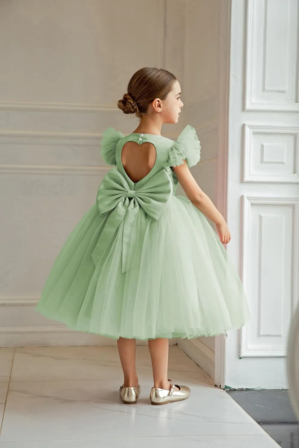 Fly Ruffle Sleeve Heart Back Dress Fancy Vintage Tulle Formal Pageant Party Dresses