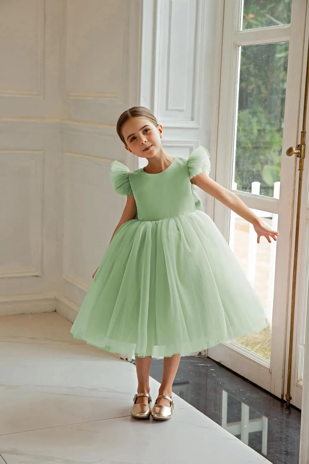 Fly Ruffle Sleeve Heart Back Dress Fancy Vintage Tulle Formal Pageant Party Dresses