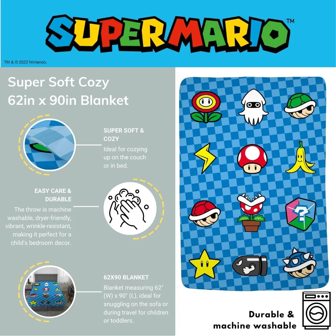 Franco Super Mario Bros. Kids Bedding Super Soft Cozy Throw Blanket, 62 in x 90 in, (Officially Licensed Product) Kids