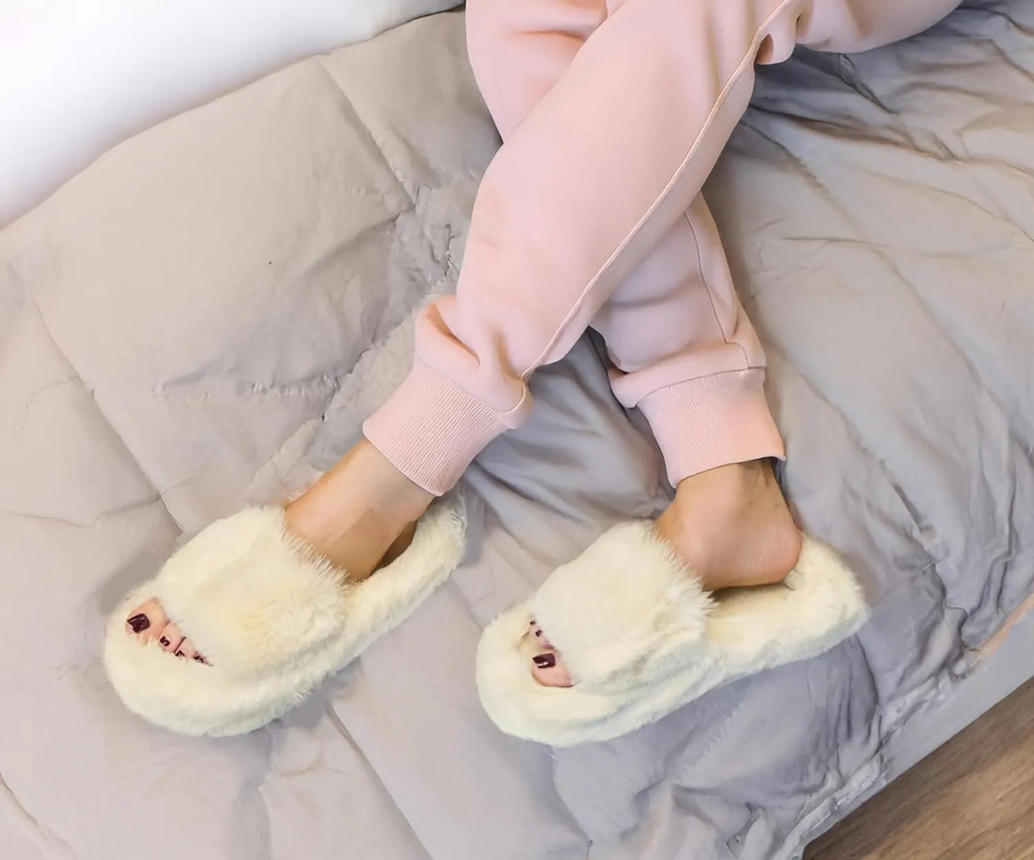 Funky Junque Women's Faux Fur Memory Foam Open Toe Slippers - Mother's Day Gift - with Non Slip Sole