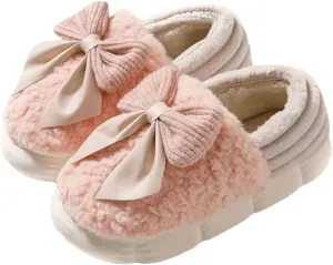 Fuzzy Bow Tie Slippers for Women Closed Back Fluffy House Shoes Winter Indoor Outdoor Slippers